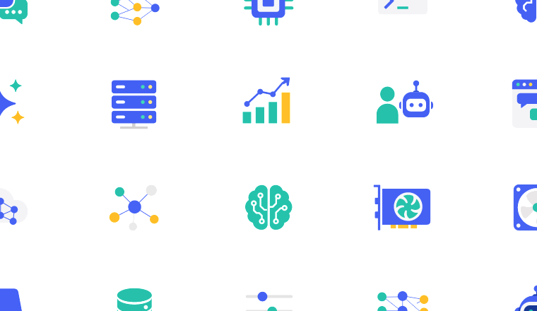 colorful ai technology icons, including machine learning, chatbot, neural network, technology / loading.io animated icon set