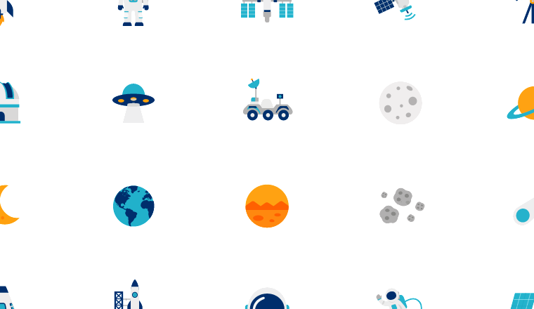 flat space exploration icons, including space, astronomy, exploration, rocket / loading.io animated icon set