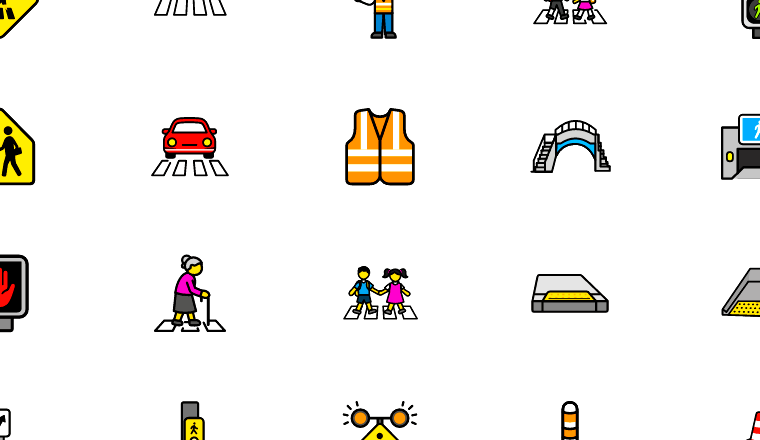 bold pedestrian safety icons, including pedestrian, crossing, traffic, road safety / loading.io animated icon set