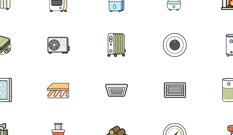 home heating air quality icons, including heater, heating, dehumidifier, air conditioner / loading.io animated icon set