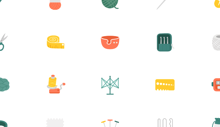 flat crochet tools icons, including crochet, yarn, fiber arts, handcraft / loading.io animated icon set