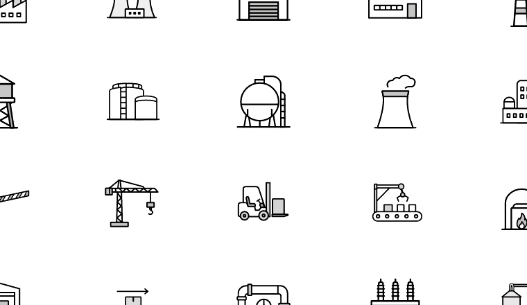 industrial facility line icons, including factory, industry, industrial, manufacturing / loading.io animated icon set