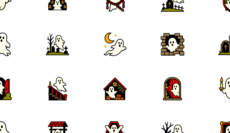 haunted ghost scenes icons, including ghost, haunted, spooky, halloween / loading.io animated icon set