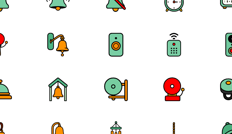 colorful bell and alarm icons, including bell, notification, alarm, alert / loading.io animated icon set