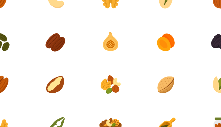 warm dried fruit and nut icons, including nuts, dried fruit, snacks, food / loading.io animated icon set