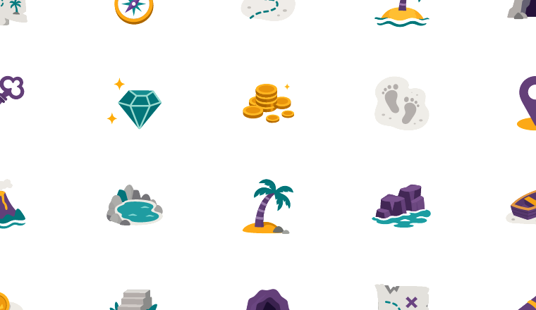 storybook treasure hunt icons, including pirate, treasure, storybook, island / loading.io animated icon set