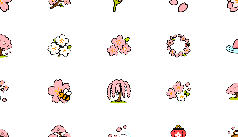 cherry blossom doodle icons, including cherry blossom, sakura, flower, petal / loading.io animated icon set
