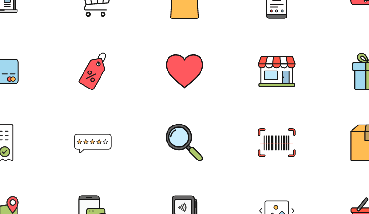 colorful commerce icons, including e-commerce, online shopping, shop, store / loading.io animated icon set