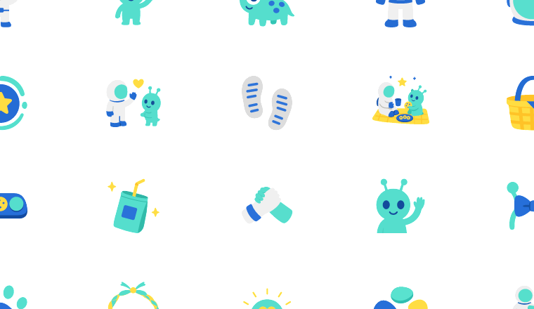storybook space friends icons, including astronaut, alien, rocket, space / loading.io animated icon set