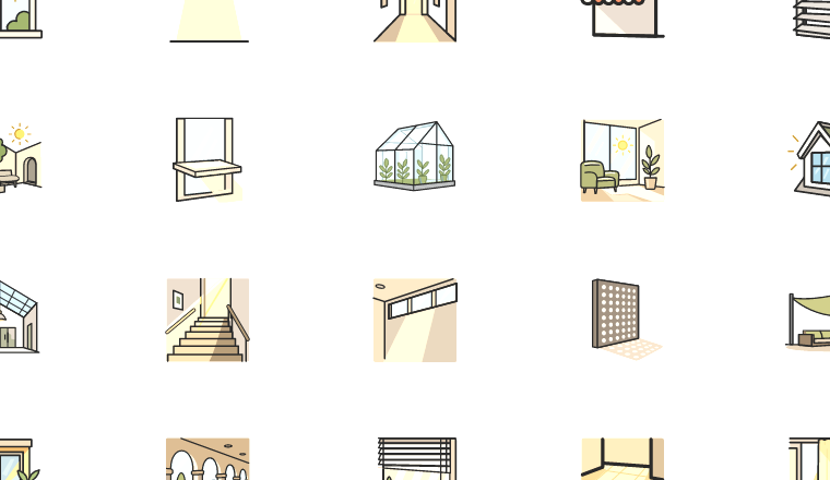 sunlit architectural icons, including sun, sunlight, architecture, windows / loading.io animated icon set