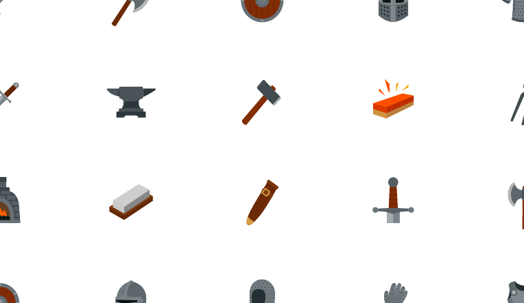 flat medieval smithing icons, including medieval, blacksmith, forging, weapons / loading.io animated icon set