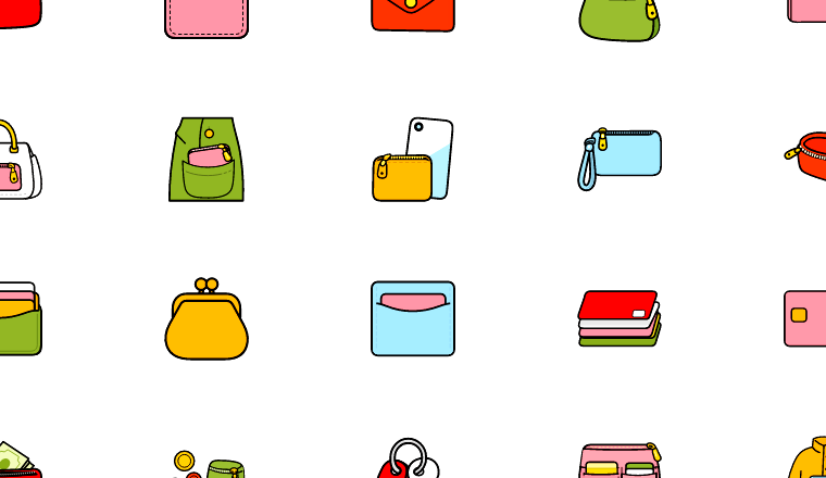 colorful everyday carry icons, including card holder pouch, card holder, pouch, everyday carry / loading.io animated icon set