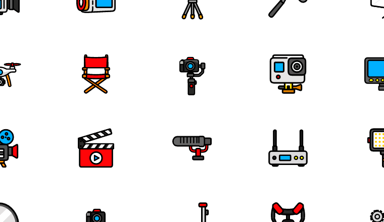 bold filming equipment icons, including video camera, camera, filming, movie / loading.io animated icon set