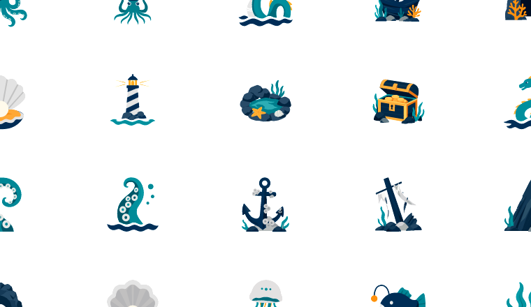 colorful ocean folklore icons, including mythical beasts, dragon, ocean, folklore / loading.io animated icon set