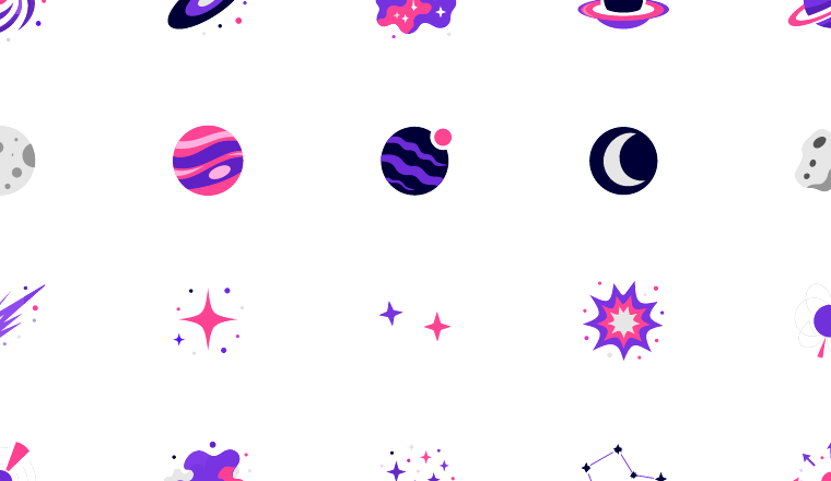 colorful deep space icons icons, including space, universe, astronomy, galaxy / loading.io animated icon set
