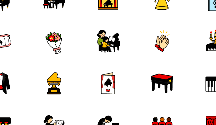 colorful piano recital icons, including piano, pianist, recital, concert / loading.io animated icon set