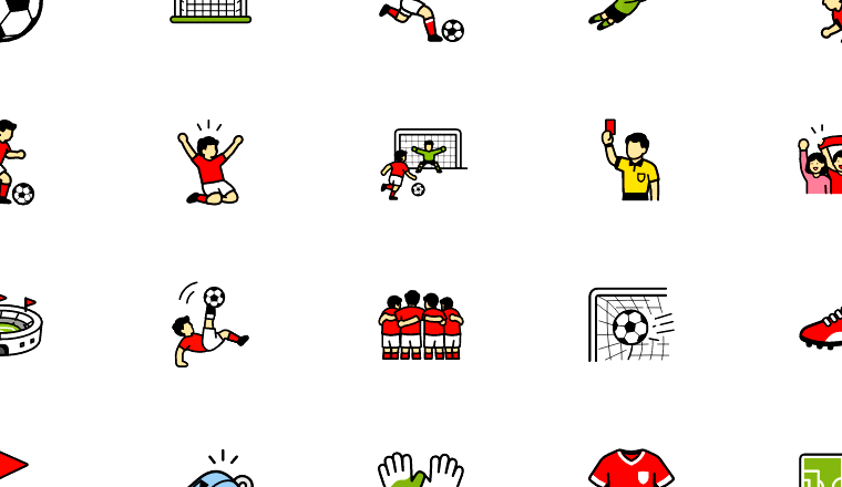 colorful soccer action icons, including soccer, football, sports, players / loading.io animated icon set