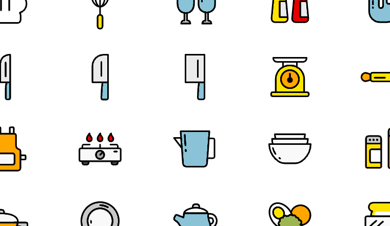 kitchenware icons, including chef hat, cooking, culinary, backing / loading.io animated icon set