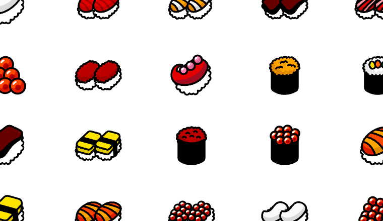 sushi icons, including sushi, roll, tuna, salmon / loading.io animated icon set