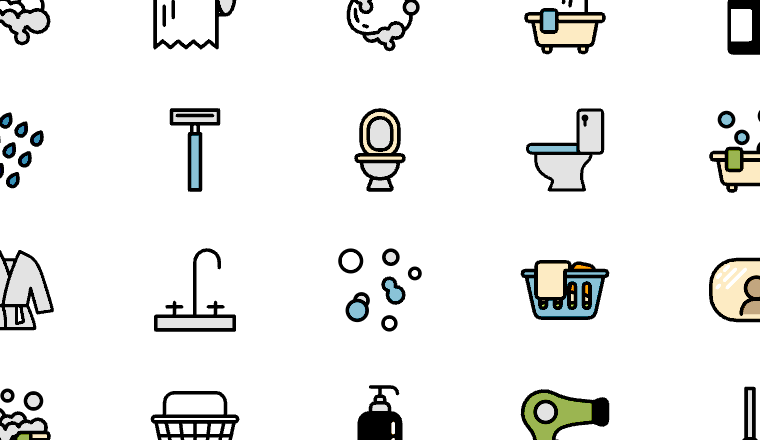 bathroom icons, including bathtub, rubber duck, showerhead, faucet / loading.io animated icon set