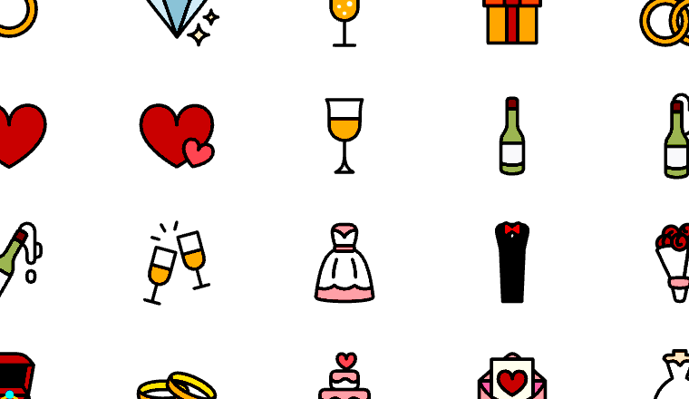 wedding icons, including ring, cake, wine, heart / loading.io animated icon set